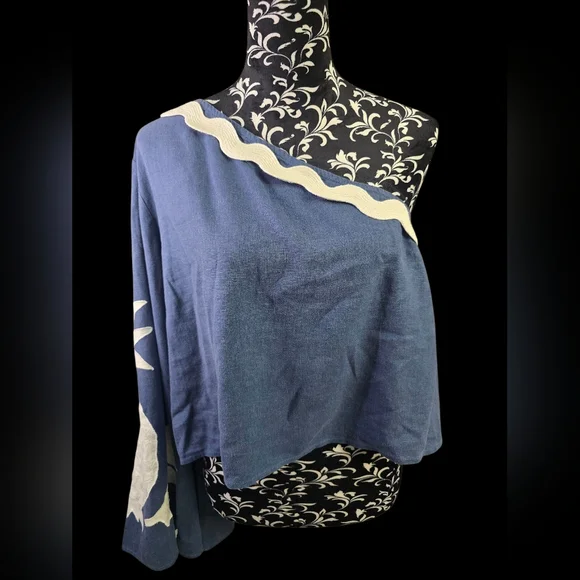 FarmRio For Anthropologie Asymmetrical Blue and Cream Top, Side Zip, Size XL - Picture 2 of 5